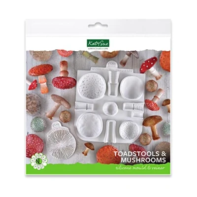 Image of Flower Pro Toadstools &amp; Mushrooms Silicone Mould Veiner Set for Cake Decorating Crafts by Katy Sue Moulds. Make 5 Sizes Styles of Toadstool Mushroom (Caps, Stems Gills Texture)