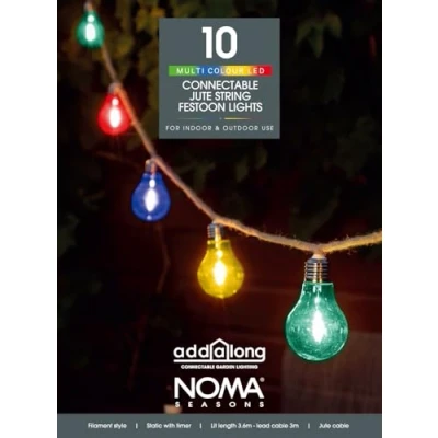 Image of Noma Connectable Jute Rope Festoon Garden Lights, 10 Multicolour LED&#039;s, 6.8 m