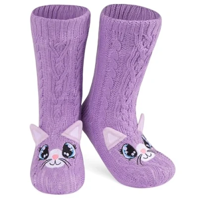 Image of CityComfort Fluffy Socks for Women Teenagers Sherpa Lined Animal Slipper with Non Slip Grip Pads One Size Gifts (Purple Cat)