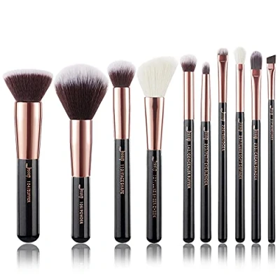 Image of Jessup Makeup Brushes Set, 10pcs Black/Rose Gold Natural kit for Powder Foundation Blush Eyeshadow Blending Concealer Eyeliner T156