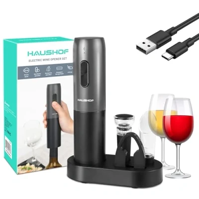Image of HAUSHOF Black Wine Bottle Opener, Electric Opener with Foil Cutter, Pourer and Vacuum Stopper, Corkscrews USB Charging