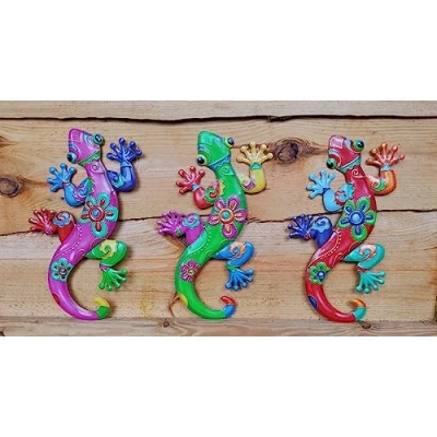 Image of 3 x Colourful Gecko Metal Garden Wall Hanging Fence Ornament Decoration 17cm