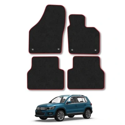 Image of Car Mats Compatible with VW Tiguan (2007 2016) Tailored Fit Red Trimmed Carpet Floor Mat Set Accessory Black Custom Fitted 4 Pieces Clips Anti Slip Backing &amp; Trim Edging