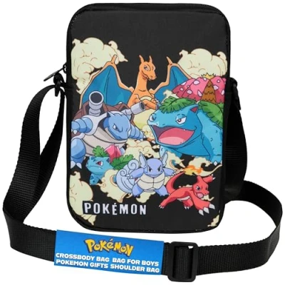 Image of Pokemon Shoulder Bag for Kids &amp; Teens Anime Cross Body Pikachu Gengar Small Shopping Travel Holiday School Phone Wallet Gifts (20x14x6cm, Black)
