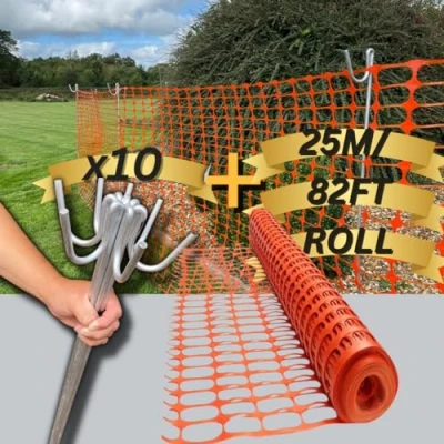 Image of Smith &amp; Barker GALVANISED 10 x Premium Long Life Fencing Pins with 25m Temporary Barrier Fence Mesh 130gsm for Outdoor Garden Plastic Netting Shepherds Crook Stakes Posts Metal