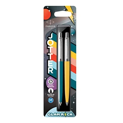 Image of Parker Jotter Originals Ballpoint Pens Glam Rock Collection Peacock Blue &amp; Sunshine Yellow Ink 2 Count