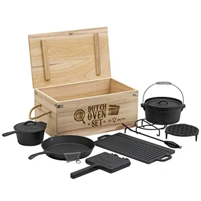 Image of BBQ Toro Dutch oven set in wooden box with and more Cast iron pre seasoned (10 pieces)