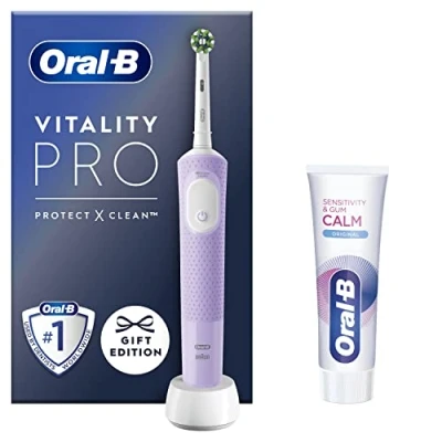 Image of Oral B Vitality Pro Electric Toothbrushes For Adults, 1 Handle, Toothbrush Head, 3 Modes Including + Sensitivity &amp; Gum Calm Toothpaste, 2 Pin UK Plug, Purple