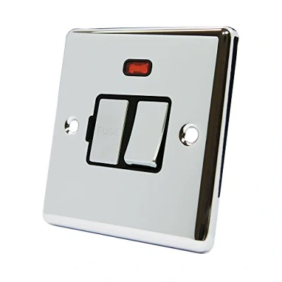 Image of AET CPCSFNBC Polished Chrome Classical Spur w Black Insert Metal Rocker Switch 13 Amp Switched Fused Connection Unit with Neon Indicator