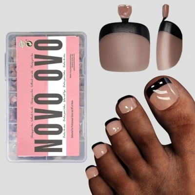 Image of NOVO OVO Fake Toe Nail Tips Press on, Black French Tip Soft Gel Toenail Extension, BROWN PINK Square Round Pre applied Primer &amp; Base Coat, Full Cover Matte False Nails for DIY x 15 Sizes 360Pcs