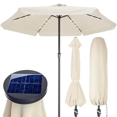 Image of Kingsleeve® 3.3m Athens Garden Parasol 24 Solar Powered LED Lights Tilting Sun Umbrella with Crank Handle UV 80+ Protection &amp; Cover Outdoor Patio Shade Vent Cream