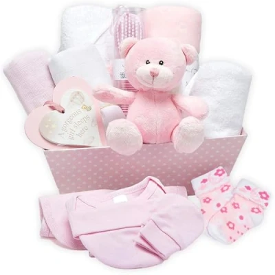 Image of Baby Box Shop 17 Girl Gifts Newborn Ideal for Shower &amp; Christenings with New Essentials and Plush Pink Teddy Bear