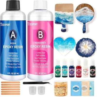 Image of Teexpert Epoxy Resin Kit for Beginners, 474ml Crystal Clear Starter Kits with Moulds, Pigments, Mica Powder, Gold Leaf, Coaster Jewelry Tray Coating and Casting Making