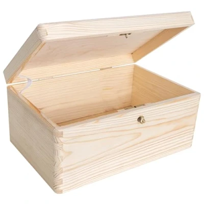 Image of Creative Deco Large Plain Wooden Storage Box 30 x 20 14 cm (+/ 1 cm) with Lock, Hinged Lid &amp; Key Unpainted Gift Christmas Xmas ROUGH UNSANDED Wood Keepsake Memory Craft Chest