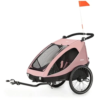 Image of hauck Dryk Duo, Rose 2in1 Kids Bike Trailer &amp; Pushchair 2 Seats Folding Bicycle with XL Storage, Tow Bar, Hitch, Pennant, Stroller Wheel LED Rear Light