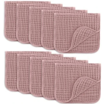 Image of Comfy Cubs Muslin Cloths for Baby, Baby Essentials, Burp Cloths, Squares, 100% Cotton, Hand Washcloths 6 Layers Extra Absorbent and Soft (Mauve, 10 Pack, 50 X 25 CM)
