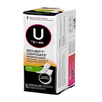 Image of U by Kotex Absorbent Pantiliners, Long, Individually Wrapped, Unscented,16 Count