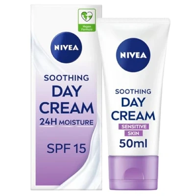 Image of NIVEA Sensitive Day Cream (50 ml), Face and Moisturiser with SPF 15 for Skin, Summer Skin Care Essentials, Moisturising