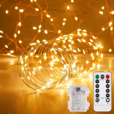 Image of Ariceleo 65.6ft 200 LED Fairy Lights 1 Pack, Waterproof, Warm White, Battery Operated String with Remote, Timer,Twinkle, Flexible Copper Wire for Outdoor, Bedroom, Wedding, Christmas Décor