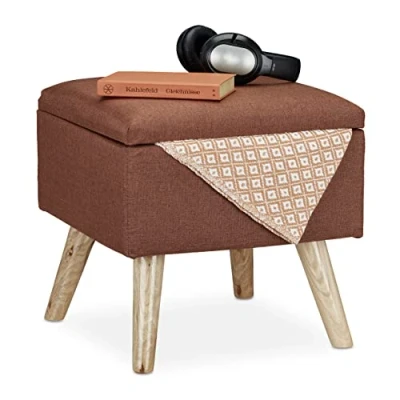 Image of Relaxdays Storage Ottoman, Faux Linen Cover, Padded, Wooden Legs, Lidded Seat, HWD 40x40x40 cm, Brown