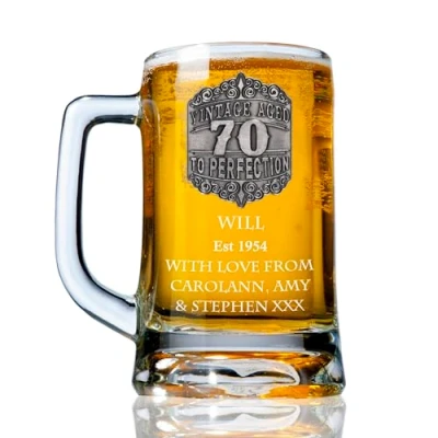 Image of De Walden Men&#039;s 70th Birthday Personalised Pewter Vintage Feature Beer Glass Tankard 70 Gift Idea