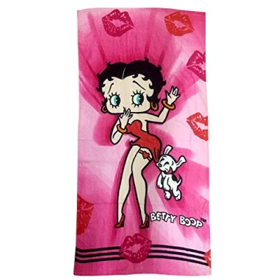 Image of Beach Towel Betty Boop Kisses, 70cm x 140cm, Kissing Lips Wave Pudgy The Dog, Black Red White Beige Pink Cerise, 100% Cotton Velour Printed Bath / Swimming by