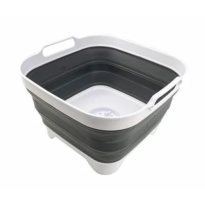 Image of SAMMART 10L Collapsible Dishpan with Draining Plug Foldable Washing Basin Portable Dish Tub Space Saving Kitchen Storage Tray (White/Steel Grey)