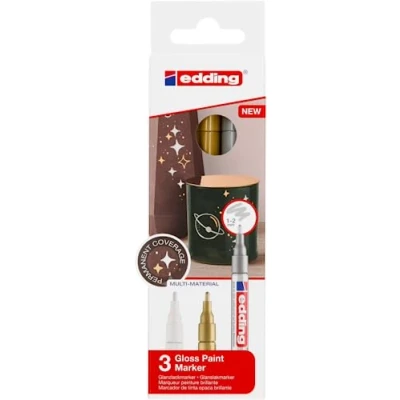 Image of edding 751 gloss paint marker set white, gold, silver (metallic) 3 markers round nib 1 2 mm pen for glass, pebbles, wood, plastic, paper waterproof, high coverage