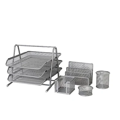 Image of ARA CHOICE Desk Tidy Organiser Set Office Organisers 3 Tier A4 Paper Tray Pen Pot Letter Trays Storage with Magazine Holder for Supplies (Silver)