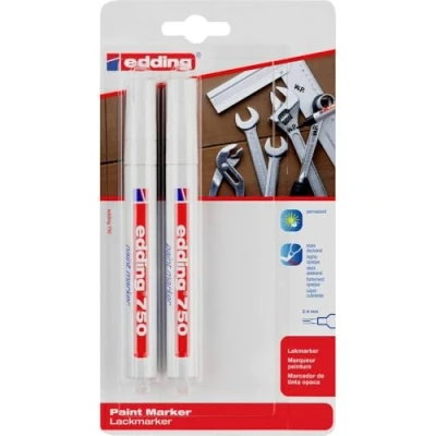 Image of edding 750 paint marker white pack of 2 pens round nib 4 mm for marking and labelling metal, glass, rocks or plastic heat resistant, permanent, smudge proof waterproof