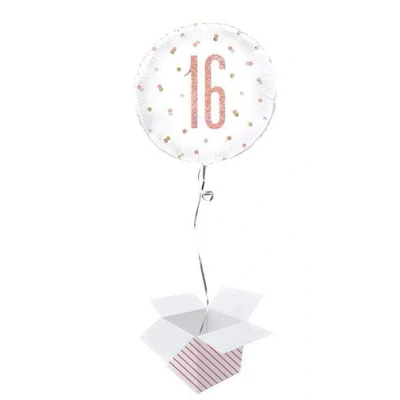 Image of Rose Gold Glitz Age Holographic Round Foil Helium Balloon Inflated in a Box (Age 16, Birthday)