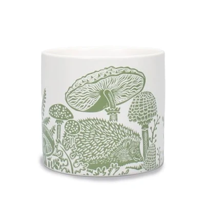 Image of Half Moon Bay Hedgehog Woodland Walk by Kate Heiss Sage Green/White 4.25 x 3.94 Inch Ceramic Stoneware Standing Planter Pot