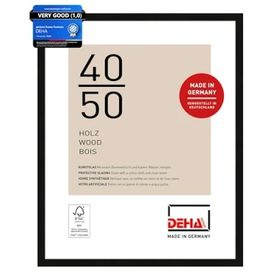 Image of DEHA Design Fontana Photo Frame 40x50cm Wooden Picture Frame, Black with Protective Acrylic Glazing and Push Turn Clips