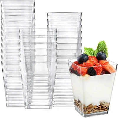 Image of KAHEIGN 50Pcs Mini Dessert Cups, 240ml Plastic Square Cups Clear Parfait Appetizer Cup Reusable Serving Bowl for Pudding Mousse Party (7 x 7cm)