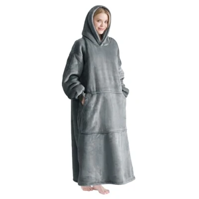 Image of Good Nite Wearable Blanket Oversized Hoodie for Women &amp; Men Sherpa Snuggle Blankets Adults Fluffy Warm Hooded Throw with Pockets Grey (Grey, 90x130 cm)
