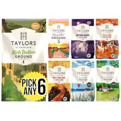 Image of Taylors of Harrogate Ground Coffee (Each Pack 200g) Pick Any 6 from 12+ Flavours Inc. Latte, Espresso, Decaffe, Cafetiere, Lazy Sunday, Hot Lava Java, Rich Italian,Brasilia and More