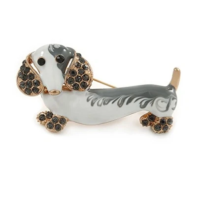 Image of Avalaya White/Grey Enamel, Grey Crystal Dachshund Dog Brooch in Gold Tone 45mm Across