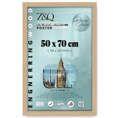 Image of Z&amp;Q Wall Mounted Poster Picture Frame Beech 50 x 70 cm Display Painting Photo Print With HD Clear Perspex Both Ways Hanging Hooks MDF Wood 30x15mm Moulding