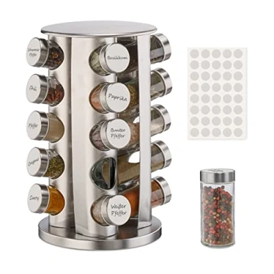 Image of Relaxdays Spice Rack, 20 Glass Jars, 40 Labels, Rotatable, Stainless Steel, H x D: Approx. 33.5 19.5 cm, Silver