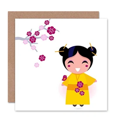 Image of Wee Blue Coo JAPANESE GEISHA CHERRY BLOSSOM KIMONO BLANK GREETINGS BIRTHDAY CARD ART