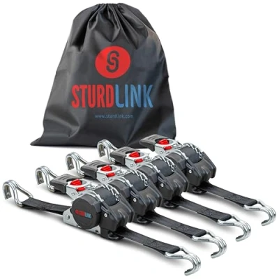 Image of Ratchet Tie Down Straps 3m 25mm with Automatic Strap Winder and Double J Hooks LC 300daN/600daN in U Rectractable Ideal Trailer Attachment for Motorcycle Quad Bike Boat Sturdlink