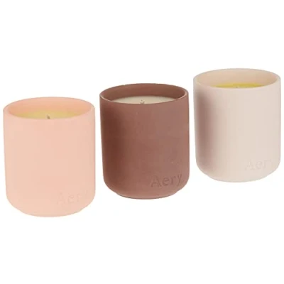 Image of Aery Floral Rosy Minimalist Ceramic Candles Gift Set Parisian Rose, Aztec Tuberose &amp; Moroccan Rose Plant Based, Gold Foil Finish