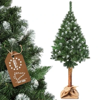 Image of KADAX Artificial Christmas Tree 6ft, Snow Flocked Xmas on Natural Pine Trunk, Green Holiday with Diamond Crystals and Plastic Stand