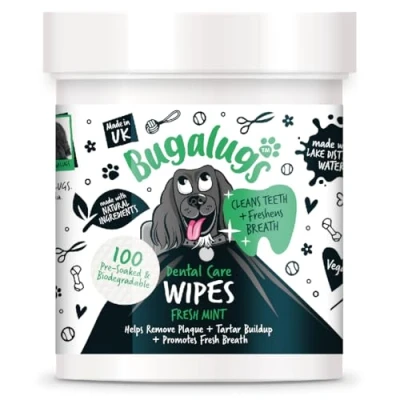 Image of BUGALUGS Dog Breath Freshener Teeth Wipes Plaque remover &amp; tartar for teeth. Cleaning Product No Toothbrush And Toothpaste Brushing Needed (Dog 100 Wipes)