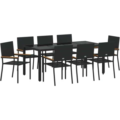 Image of vidaXL 9 Piece Garden Dining Set Black Poly Rattan