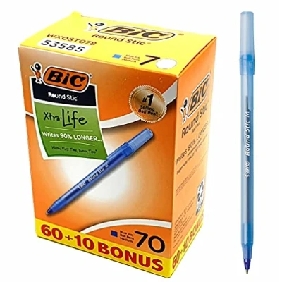 Image of 70 x BIC Xtra Life Round Stic Ballpoint Pens, Medium Point (1.0mm), Translucent Barrel Blue Ink