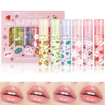 Image of 6pcs Lip Gloss Set, Fruit Flavored Moisturizing Balm Oil Plumper Extreme Roll on Oil, Lipstick for Lips Moisturized and