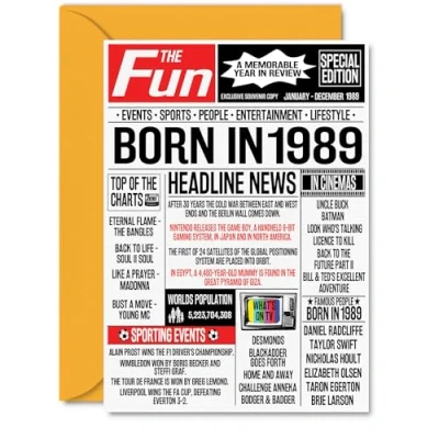 Image of 35th Birthday Cards for Women Men Born In 1989 Newspaper Happy 35 Card Sister Brother Friend Vintage Retro Back 1989, A5 Thirty Five Fifth Bday Greeting