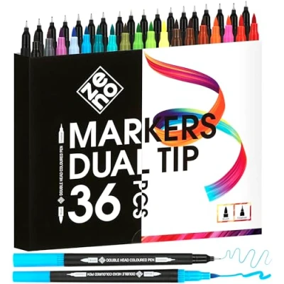 Image of ZENO 36 Dual Tip Markers Set No Bleed Coloring for Adults Art Fine &amp; Brush Watercolor Pens Artists, Coloring, and Journaling