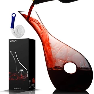 Image of NUTRIUPS 1.2L Wine Decanter, Crystal Red Lead Free Decanter Hand Blown, Hollow Circle Shape Wine, Carafe for Lover